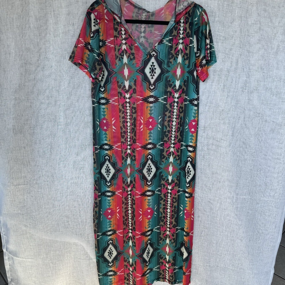 Maxi Dress Medium Large Stretch Long Aztec Southwest Swim Cover Up Casual Sheer